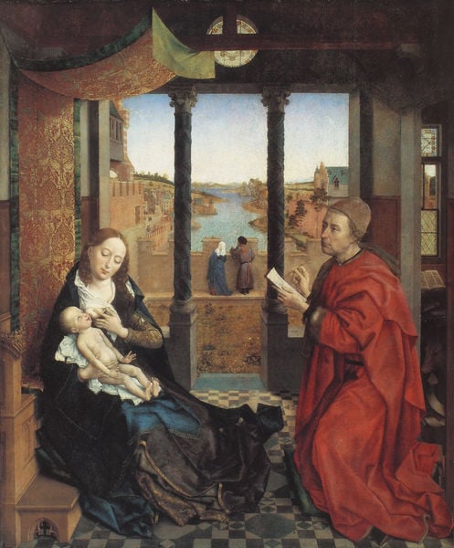 Der hl. Lukas malt die Madonna. by Rogier van der Weyden. 1435. Motifs recorded: maria, säulen, fluss, kind, madonna, rot, jesus, landschaft.