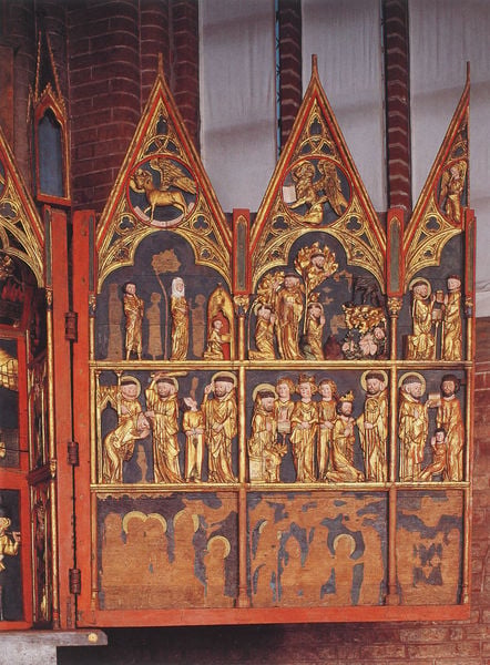 Cismar, Hochaltarretabel. 1310–1315. Motifs recorded: rot, gold, altar, flügel, heilige, kirche, szenen, spitzen.