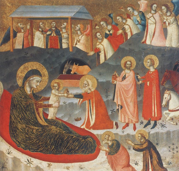 Anbetung der Könige. by Maestro di Verucchio. 1330. Motifs recorded: maria, esel, jesus, pferde, dach, heiligenschein, engel, könige.