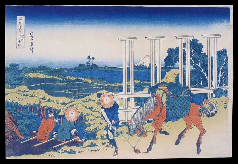 36 Ansichten des Fuji. by Katsushika Hokusai. 1830–1833. Motifs recorded: pferd, berg, blau, japan, landschaft, schnee, hüte, china.