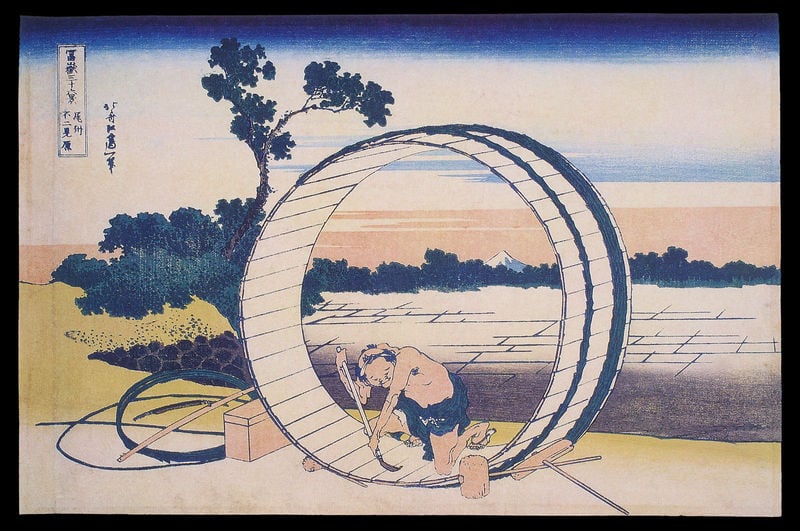 36 Ansichten des Fuji. by Katsushika Hokusai. 1830–1833. Motifs recorded: baum, mann, holzschnitt, japan, fass, reifen, berg, schriftzeichen.