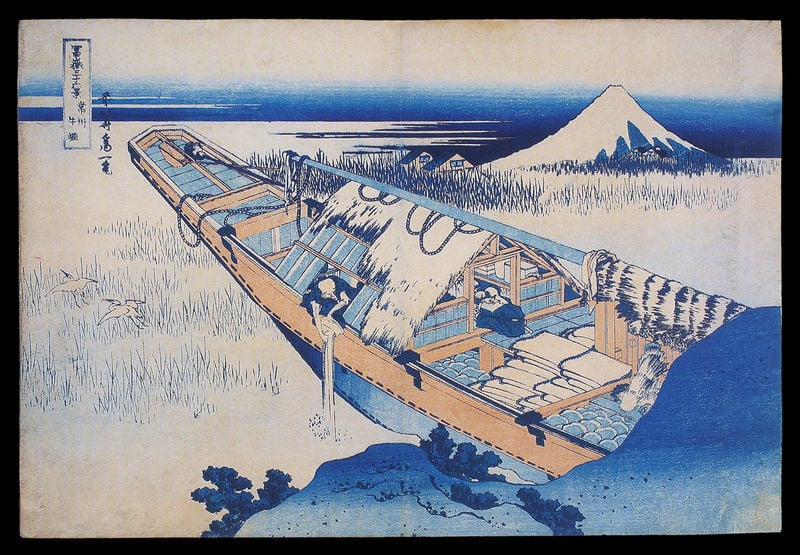 36 Ansichten des Fuji. by Katsushika Hokusai. 1830–1833. Motifs recorded: mountain, blue, boat, japanese, birds, grass, water, boot.