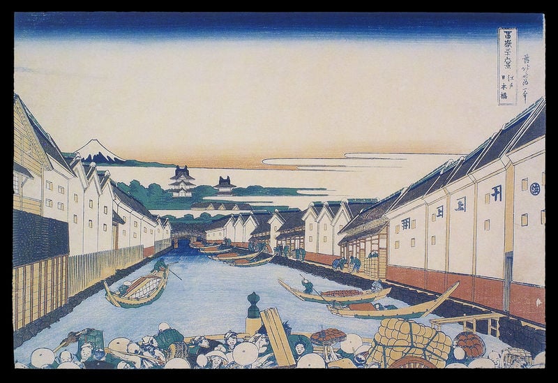 36 Ansichten des Fuji. by Katsushika Hokusai. 1830–1833. Motifs recorded: häuser, japan, menschen, kanal, boote, fluss, japanisch, waren.