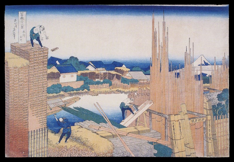 36 Ansichten des Fuji. by Katsushika Hokusai. 1830–1833. Motifs recorded: häuser, holz, bau, wasser, boot, werfen, baustelle, männer.