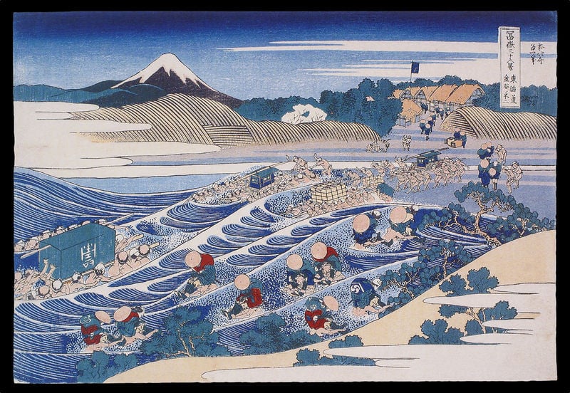 36 Ansichten des Fuji. by Katsushika Hokusai. 1830–1833. Motifs recorded: wellen, japan, berg, fuji, holzschnitt, holzstich, baden, dorf.