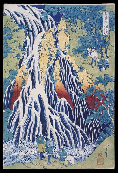 Eine Tour zu den japanischen Wasserfällen. by Katsushika Hokusai. 1833–1834. Motifs recorded: wasserfall, menschen, blau, japan, schrift, bäume, holzschnitt, japanisch.
