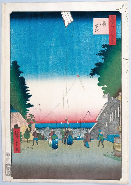 100 berühmte Ansichten von Edo. by Utagawa Hiroshige. 1856–1858. Motifs recorded: drachen, himmel, china, bäume, blau, drachensteigen, rot, baum.