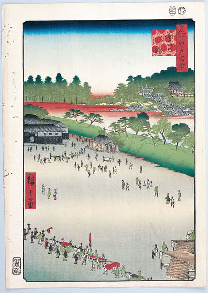 100 berühmte Ansichten von Edo. by Utagawa Hiroshige. 1856–1858. Motifs recorded: grün, bäume, platz, menschen, blau, rot, japan, holzschnitt.