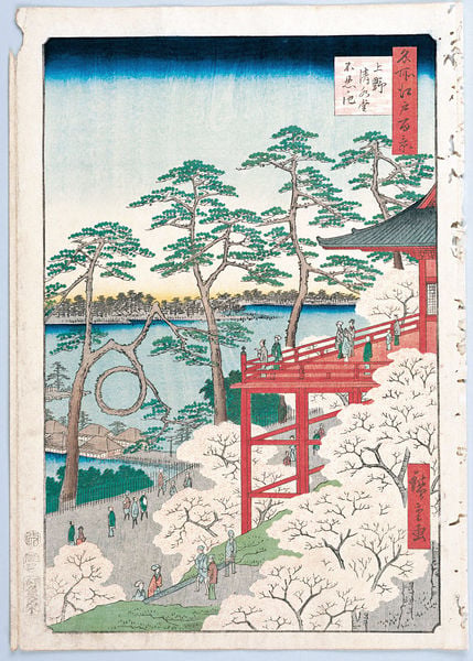 100 berühmte Ansichten von Edo. by Utagawa Hiroshige. 1856–1858. Motifs recorded: menschen, bäume, rot, japan, haus, japanisch, blau, wasser.