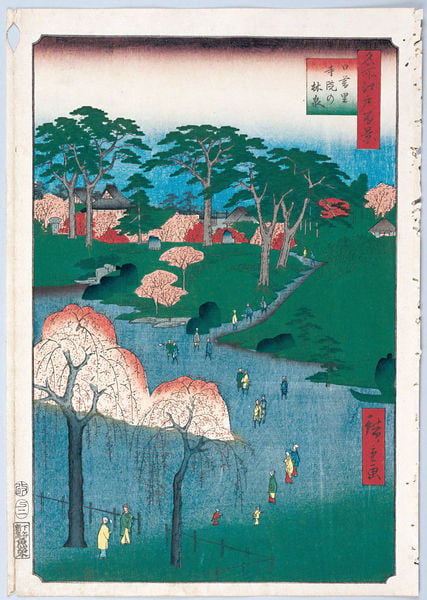 100 berühmte Ansichten von Edo. by Utagawa Hiroshige. 1856–1858. Motifs recorded: japan, bäume, blau, japanisch, grün, zaun, rot, himmel.