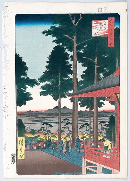 100 berühmte Ansichten von Edo. by Utagawa Hiroshige. 1856–1858. Motifs recorded: bäume, haus, rot, japanisch, grün, blau, menschen, japan.