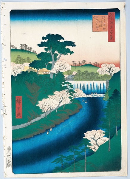 100 berühmte Ansichten von Edo. by Utagawa Hiroshige. 1856–1858. Motifs recorded: blau, wasserfall, baum, fluss, bäume, weiß, grün, fluß.