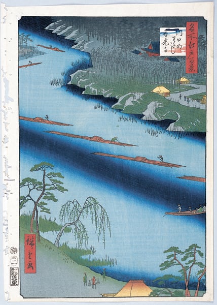 100 berühmte Ansichten von Edo. by Utagawa Hiroshige. 1856–1858. Motifs recorded: blau, japan, hütten, japanisch, wasser, bäume, fluss, landschaft.