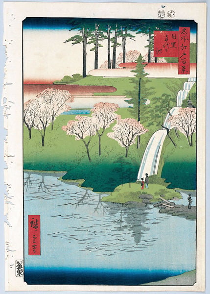 100 berühmte Ansichten von Edo. by Utagawa Hiroshige. 1856–1858. Motifs recorded: japanisch, bäume, rot, wasser, blau, wasserfall, japan, blüte.