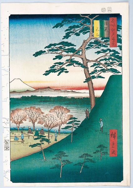 100 berühmte Ansichten von Edo. by Utagawa Hiroshige. 1856–1858. Motifs recorded: baum, japan, bäume, menschen, berg, holzschnitt, druck, landschaft.
