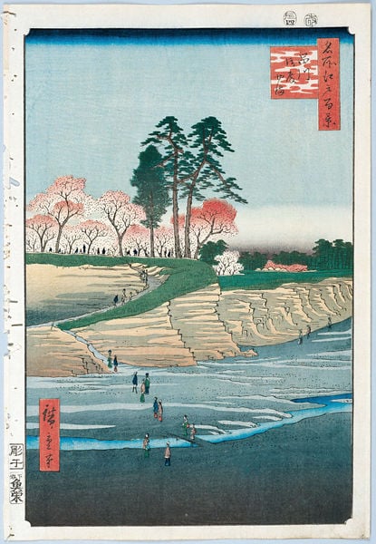 100 berühmte Ansichten von Edo. by Utagawa Hiroshige. 1856–1858. Motifs recorded: bäume, japan, menschen, rot, grün, wasser, brücke, weg.