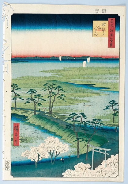 100 berühmte Ansichten von Edo. by Utagawa Hiroshige. 1856–1858. Motifs recorded: grün, bäume, japan, blau, rot, schriftzeichen, wasser, landschaft.