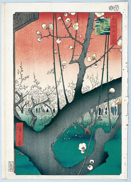 100 berühmte Ansichten von Edo. by Utagawa Hiroshige. 1856–1858. Motifs recorded: baum, menschen, japan, ast, zaun, blüte, blüten, rot.