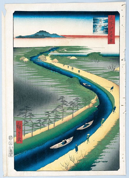 100 berühmte Ansichten von Edo. by Utagawa Hiroshige. 1856–1858. Motifs recorded: scenery, farbdruck, boats, Cultural and historical significance of Japanese waterways, people, daily life, villages, gewääser.