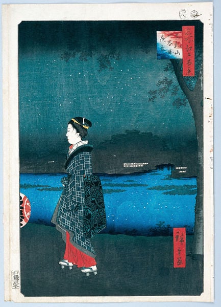 100 berühmte Ansichten von Edo. by Utagawa Hiroshige. 1856–1858. Motifs recorded: blau, frau, sterne, baum, schrift, rot, nacht, japan.