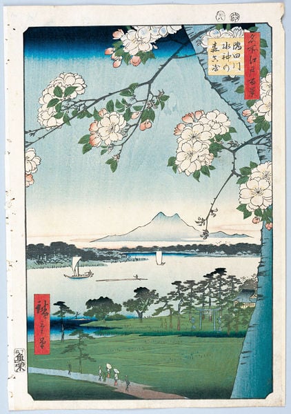 100 berühmte Ansichten von Edo. by Utagawa Hiroshige. 1856–1858. Motifs recorded: japan, kirschblüte, see, boot, holzschnitt, hokusai, blüten, druck.