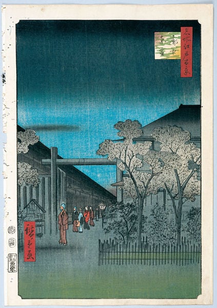 100 berühmte Ansichten von Edo. by Utagawa Hiroshige. 1856–1858. Motifs recorded: bäume, blau, grün, japan, schriftzeichen, laterne, rot, zaun.