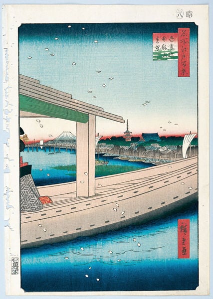 100 berühmte Ansichten von Edo. by Utagawa Hiroshige. 1856–1858. Motifs recorded: wasser, japanisch, boot, blau, himmel, meer, rot, tempel.