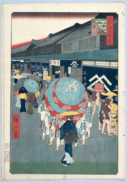 100 berühmte Ansichten von Edo. by Utagawa Hiroshige. 1856–1858. Motifs recorded: japan, schriftzeichen, schirme, rot, blau, schirm, straße, kimono.