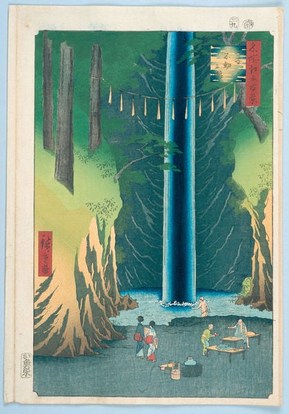 100 berühmte Ansichten von Edo. by Utagawa Hiroshige. 1856–1858. Motifs recorded: wasser, japanisch, menschen, rot, kimono, mann, baden, bäume.