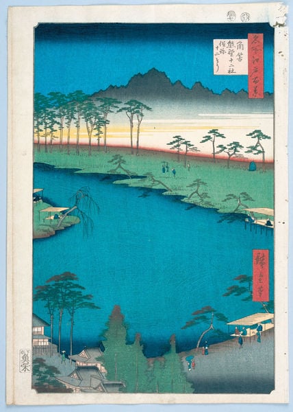 100 berühmte Ansichten von Edo. by Utagawa Hiroshige. 1856–1858. Motifs recorded: ufer, holzschnitt, japan, farbholzschnitt, berge, haus, japanisch, baum.