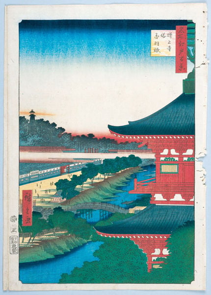 100 berühmte Ansichten von Edo. by Utagawa Hiroshige. 1856–1858. Motifs recorded: japan, brücke, rot, bäume, fluss, blau, himmel, grün.