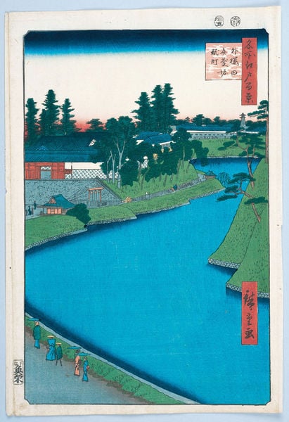 100 berühmte Ansichten von Edo. by Utagawa Hiroshige. 1856–1858. Motifs recorded: bäume, wasser, haus, fluss, menschen, japan, grün, blau.