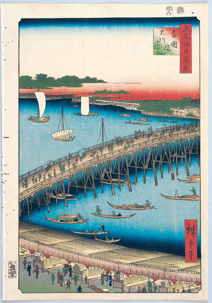 100 berühmte Ansichten von Edo. by Utagawa Hiroshige. 1856–1858. Motifs recorded: brücke, fluss, japan, boote, menschen, japanisch, blau, wasser.