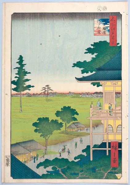 100 berühmte Ansichten von Edo. by Utagawa Hiroshige. 1856–1858. Motifs recorded: japanisch, japan, grün, dach, menschen, schriftzeichen, bäume, holzschnitt.