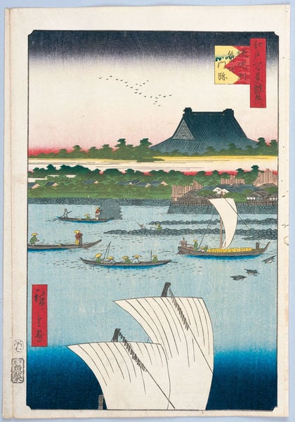 100 berühmte Ansichten von Edo. by Utagawa Hiroshige. 1856–1858. Motifs recorded: japan, segel, wasser, boote, haus, schriftzeichen, vögel, segelboote.