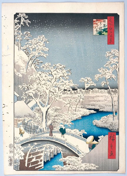 100 berühmte Ansichten von Edo. by Utagawa Hiroshige. 1856–1858. Motifs recorded: brücke, winter, japan, schnee, blau, schirm, schriftzeichen, bäume.