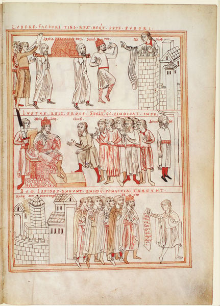 Bamberger Davidzyklus. 1175–1200. Motifs recorded: turm, burg, rot, schrift, männer, zeichnung, schriftrolle, könig.