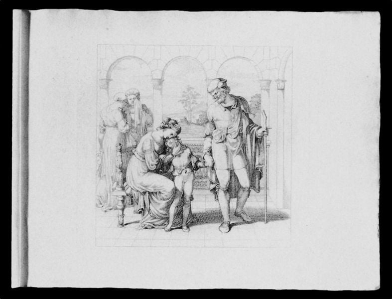 “Abschied Raphaels von seiner Mutter, um seinem Vater nach Perugia zu folgen” (Tafel 5 aus “Leben Raphael Sanzio’s von Urbino in zwölf Bildern”). by Franz Riepenhausen. 1816. Motifs recorded: mann, abschied, kind, vater, mutter, säulen, frau, umarmung.