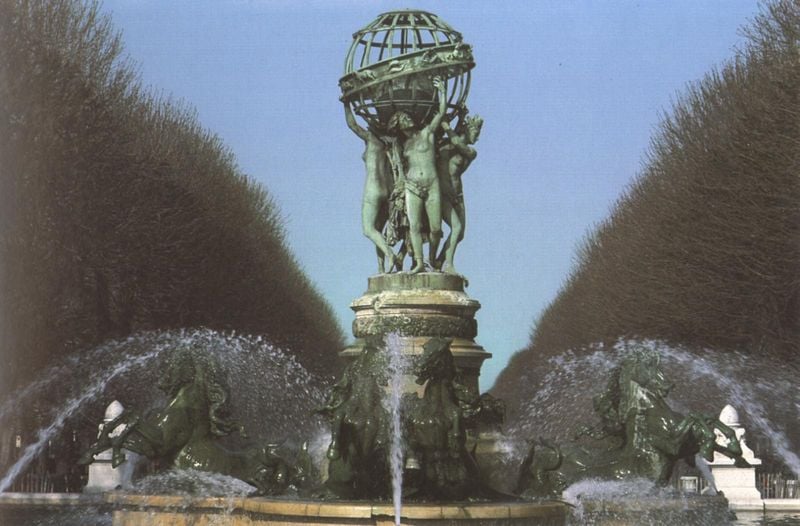 Die vier Weltteile tragen die Himmelskugel, Seepferde. by Jean-Baptiste Carpeaux. 1872. Motifs recorded: brunnen, wasser, nackt, kugel, sockel, bronze, springbrunnen, pferde.