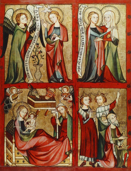 Altenberger Altar, linker Flügel. by Rheinischer Meister. 1330. Motifs recorded: jesus, maria, engel, geburt, josef, verkündigung, könige, esel.
