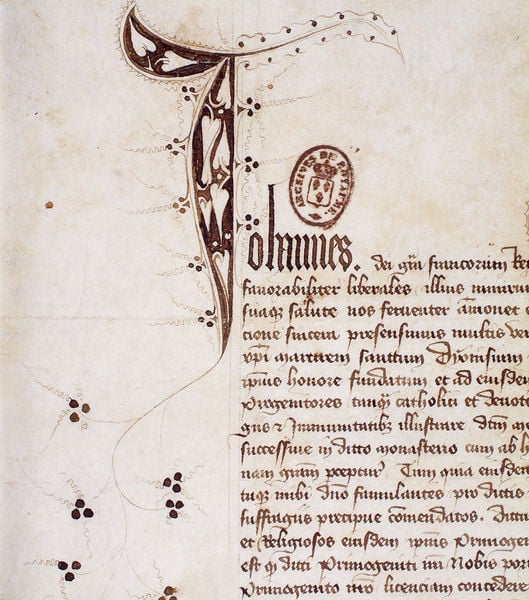 Der König Frankreichs Jean II. le Bon autorisierte seinen erstgeborenen Sohn, Charles, Herzog der Normandie und Dauphin von Viennois, in der Abtei Saint-Denis beigesetzt zu werden. 1362. Motifs recorded: stempel, johannes, j, buch, initiale, buchmalerei, pergament, punkte.