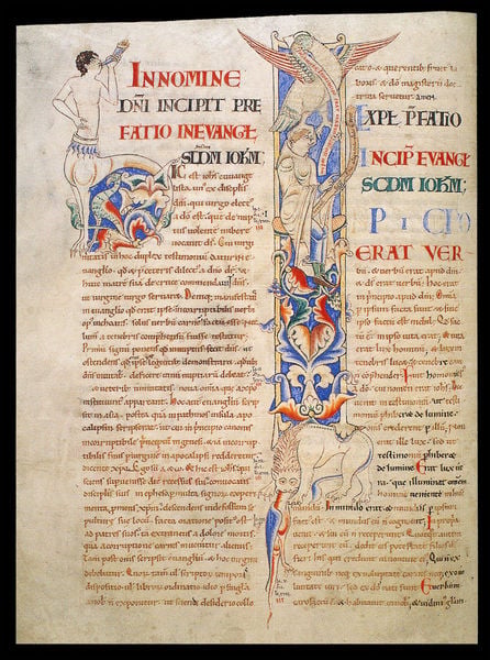 Bibel des Stephan Harding. 1109. Motifs recorded: schrift, latein, vogel, rot, löwe, blau, text, horn.