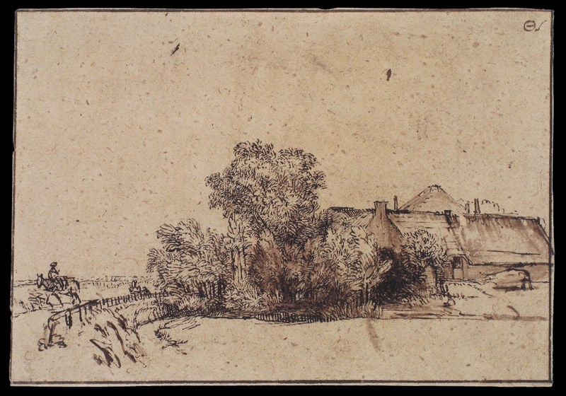 Bauernhaus am Amsteldeich. by Rembrandt. 1650. Motifs recorded: reiter, zeichnung, pferd, haus, zaun, bäume, landschaft, weg.