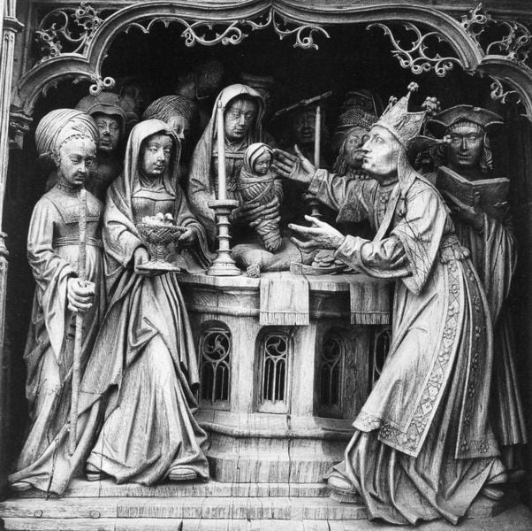 Darstellung im Tempel  im Gefach des Sieben-Schmerzen-Retabels. 1521. Motifs recorded: kind, buch, krone, taufe, kerzen, altar, frauen, gotik.