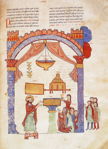 Bibel 1162. 1162. Motifs recorded: bogen, säule, buch, text, blau, schrift, kelch, jesus.