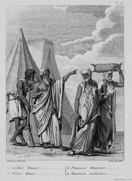 1. Maurischer Soldat, 2. Maurischer Prinz, 3. Maurische Prinzessin, 4. gewöhnliche maurische Frau (aus Voyage au Sénégal, ou Mémoires historiques...). 1802. Motifs recorded: zelte, gewehr, zelt, wolken, schwarz, mann, turban, wüste.