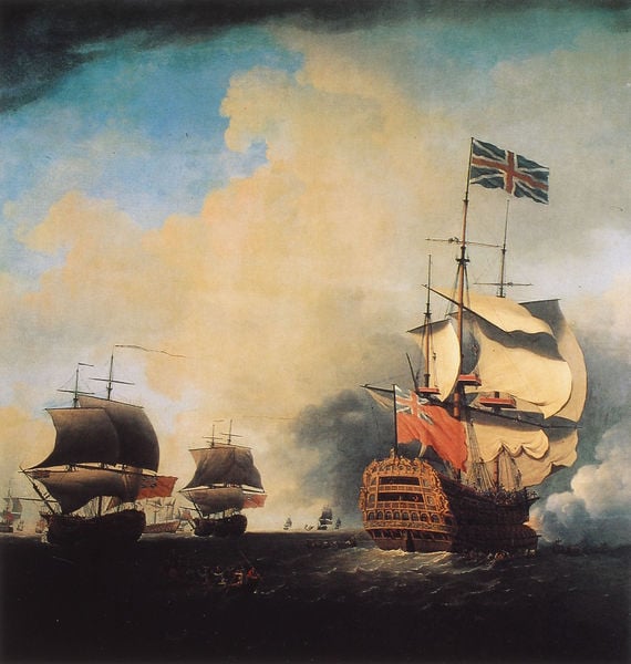 A Flagship Shortening Sail. by Samuel Scott. 1736. Motifs recorded: meer, wolken, segel, england, flagge, fahne, segelschiffe, rauch.