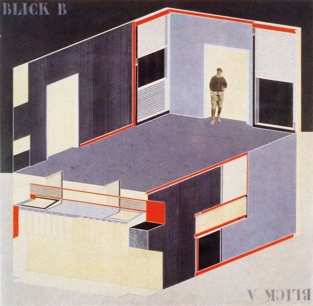 Aufriss für den zweiten Demonstrationsraum in der Niedersächsischen Landesgalerie Hannover. by El Lissitzky. 1927–1928. Motifs recorded: mann, rot, architektur, fenster, raum, schwarz, blick b, blick.