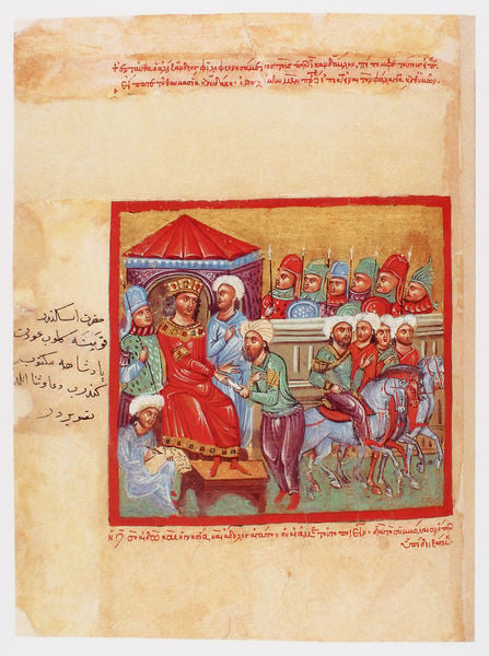 Der griechische Alexanderroman. 1350–1400. Motifs recorded: rot, reiter, zelt, könig, pferde, krone, soldaten, turban.
