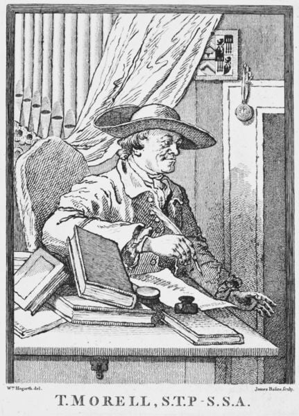 T. Morell. by William Hogarth. 1762. Motifs recorded: hut, tintenfass, feder, bücher, vorhang, mann, orgel, tisch.